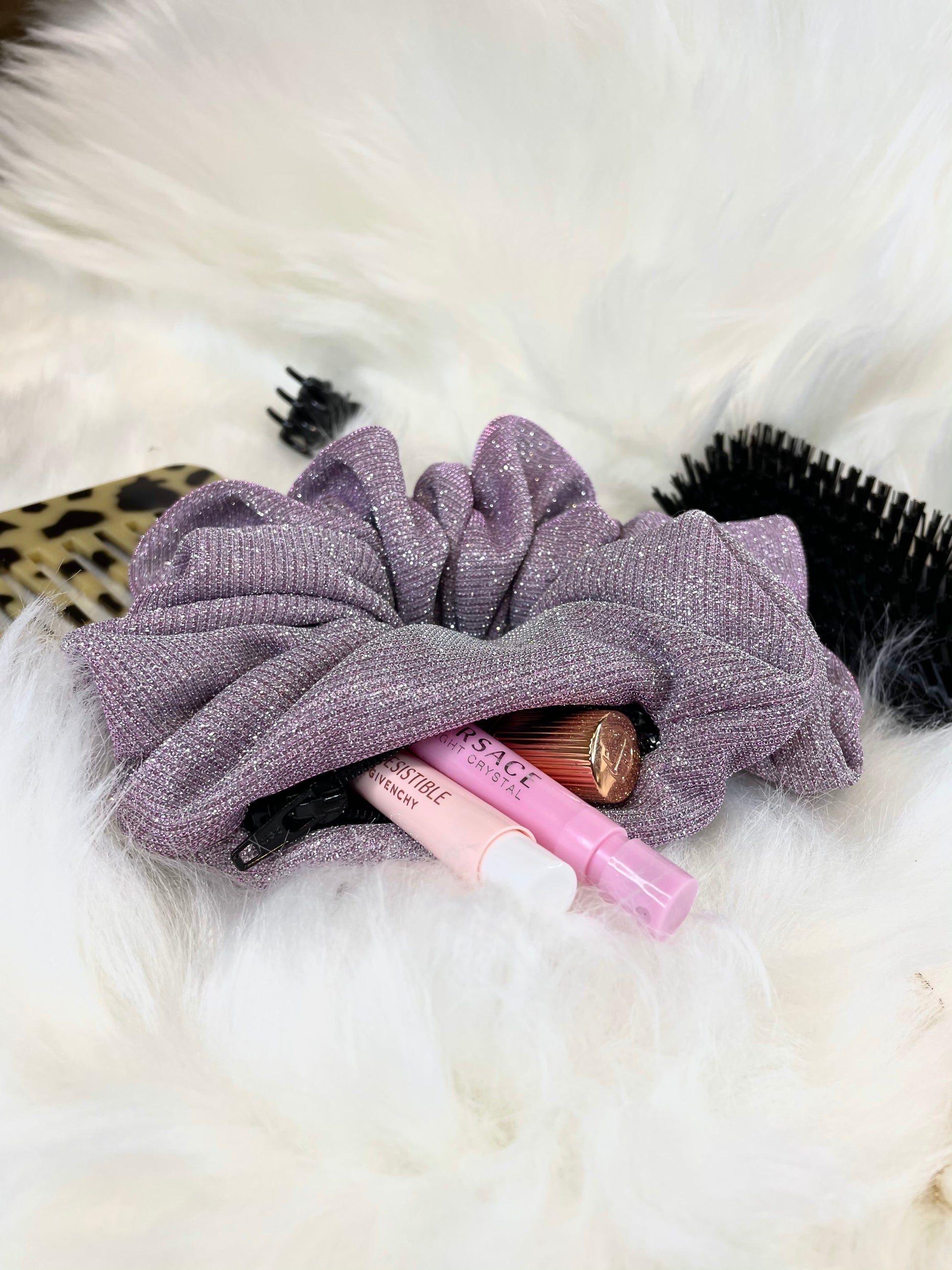 Glitter pink pocket scrunchie with hidden pocket for small items.