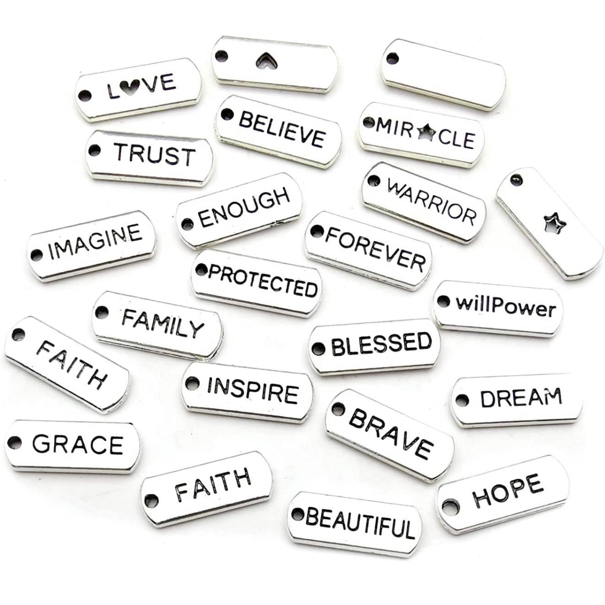 Metal alloy, silver affirmation charms.