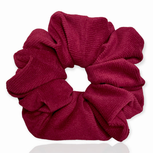 Maroon corduroy zipper scrunchie with hidden pocket for small items.
