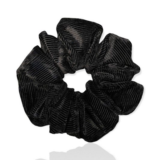 Black corduroy scrunchie with hidden pocket for small items.