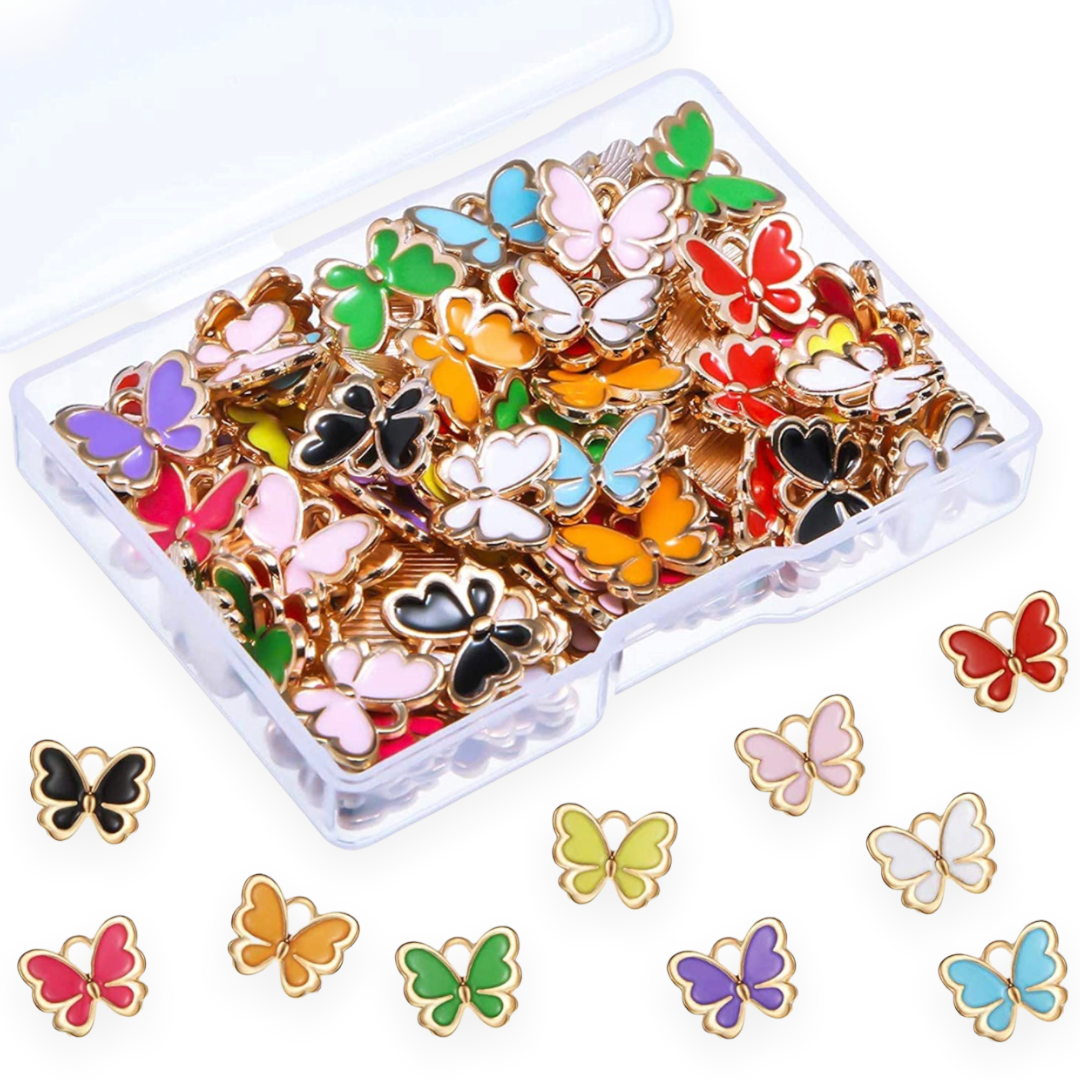 Butterfly charms in pink, orange, blue, purple, white, red, black, yellow, and green.